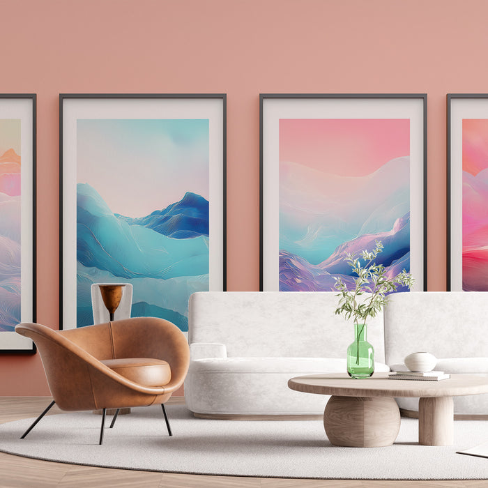 Un salon contemporain avec un papier peint rose pastel, créant une ambiance douce et chaleureuse, agrémenté de tableaux aux motifs de montagnes aux teintes apaisantes.
