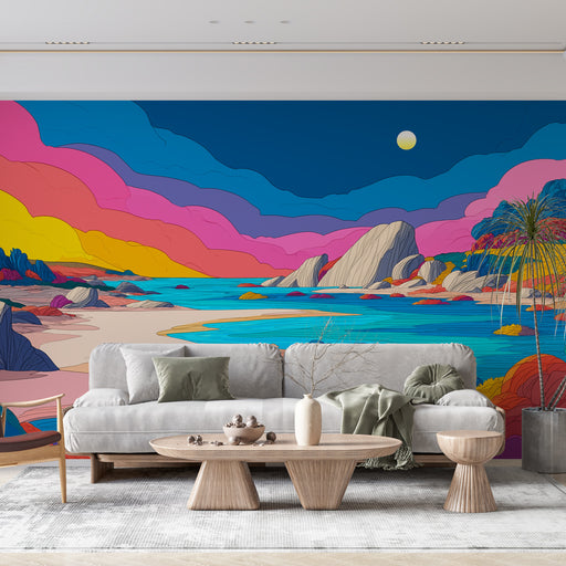 Une pièce moderne avec un papier peint coloré représentant un paysage stylisé aux teintes vives, évoquant une ambiance tropicale et artistique.
