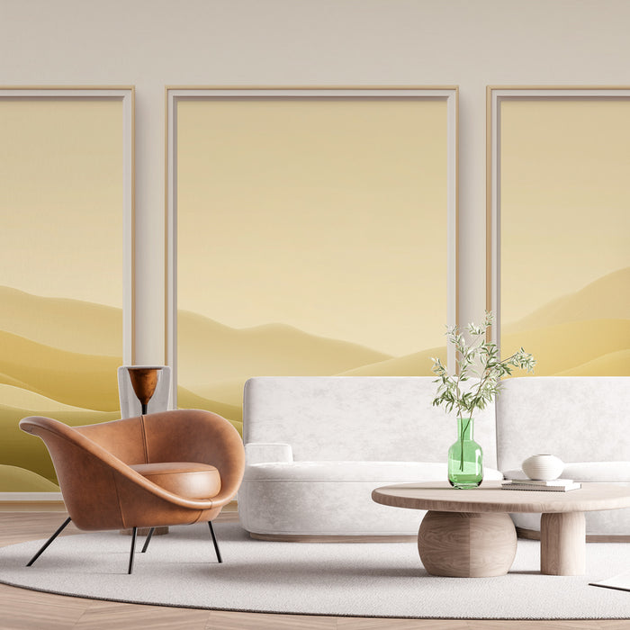 Un salon moderne avec un papier peint aux dégradés de jaune représentant des collines douces, créant une atmosphère apaisante et chaleureuse.