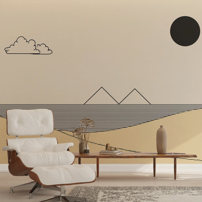Une pièce moderne avec un papier peint minimaliste représentant des montagnes stylisées et des lignes horizontales sur fond beige, créant une atmosphère apaisante et contemporaine.
