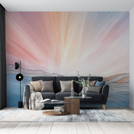 Un salon contemporain avec un papier peint abstrait aux dégradés de rose et bleu, évoquant des paysages doux et apaisants.