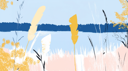 Papier peint paysage abstrait Lac bleu clair et feuillage jaune minimaliste