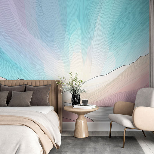 Une chambre moderne avec un papier peint abstrait aux dégradés de bleu et rose, évoquant une atmosphère douce et apaisante.