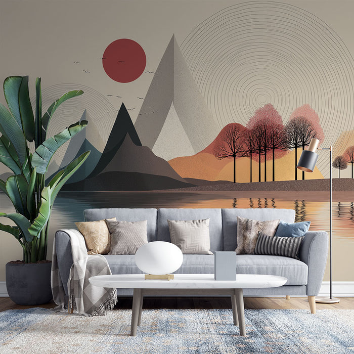 Un salon moderne avec un papier peint graphique représentant des montagnes stylisées et un soleil rouge, créant une ambiance apaisante et contemporaine.