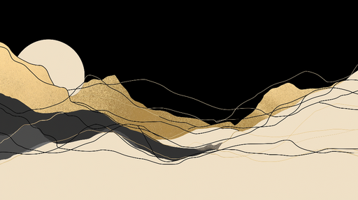 Papier peint paysage abstrait Montagnes dorées et lignes délicates sur fond noir