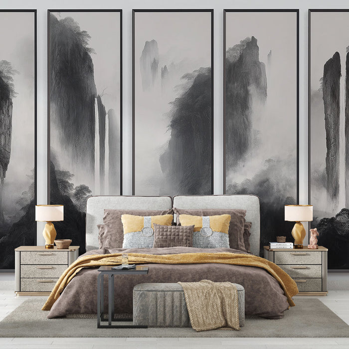 Papier peint paysage abstrait | Montagnes et chutes d'eau en noir et blanc