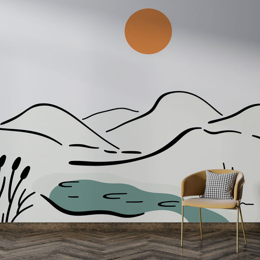 Papier peint paysage abstrait avec montagnes et étang minimaliste pour décoration murale moderne
