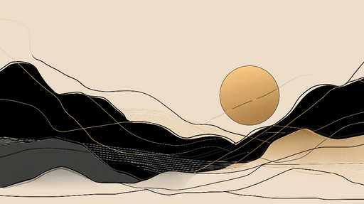 Papier peint paysage abstrait Montagnes stylisées avec un soleil doré