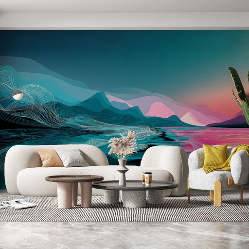 Un salon moderne avec un papier peint abstrait représentant des montagnes aux lignes fluides dans des teintes de bleu, rose et violet, créant une atmosphère apaisante et artistique.