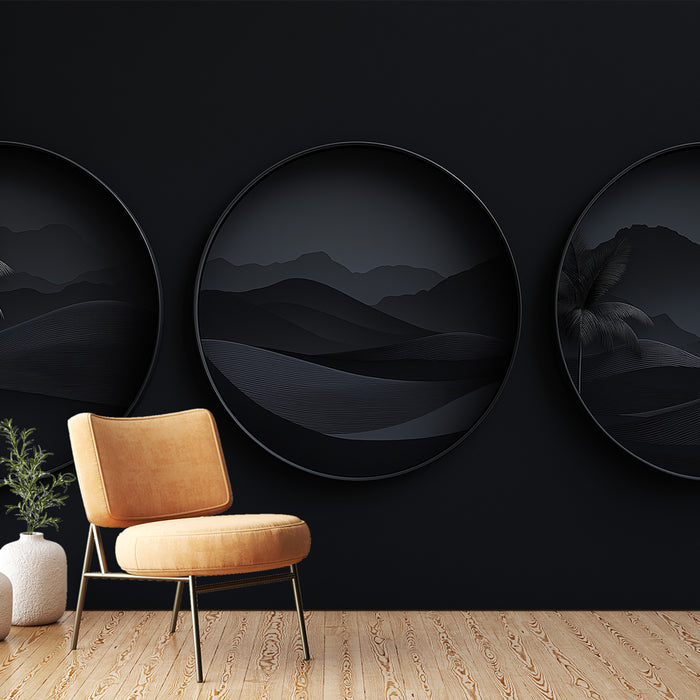 Une pièce moderne avec un papier peint noir profond orné de cercles graphiques représentant des paysages minimalistes, créant une atmosphère élégante et contemporaine.