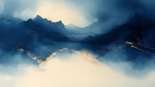 Papier peint paysage abstrait Nuances de bleu et d'or évoquant des montagnes brumeuses