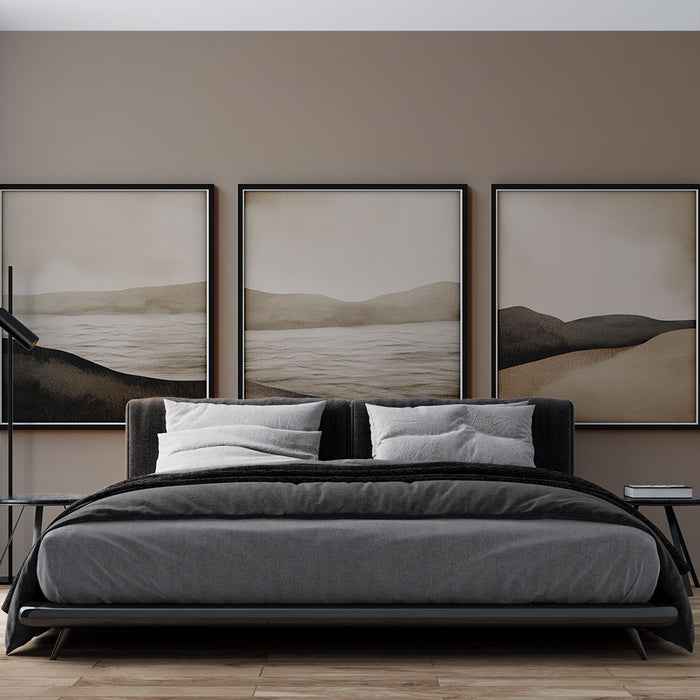 Une chambre moderne avec un papier peint dans des teintes brunes douces, créant une atmosphère chaleureuse et apaisante, complétée par des œuvres d'art minimalistes.