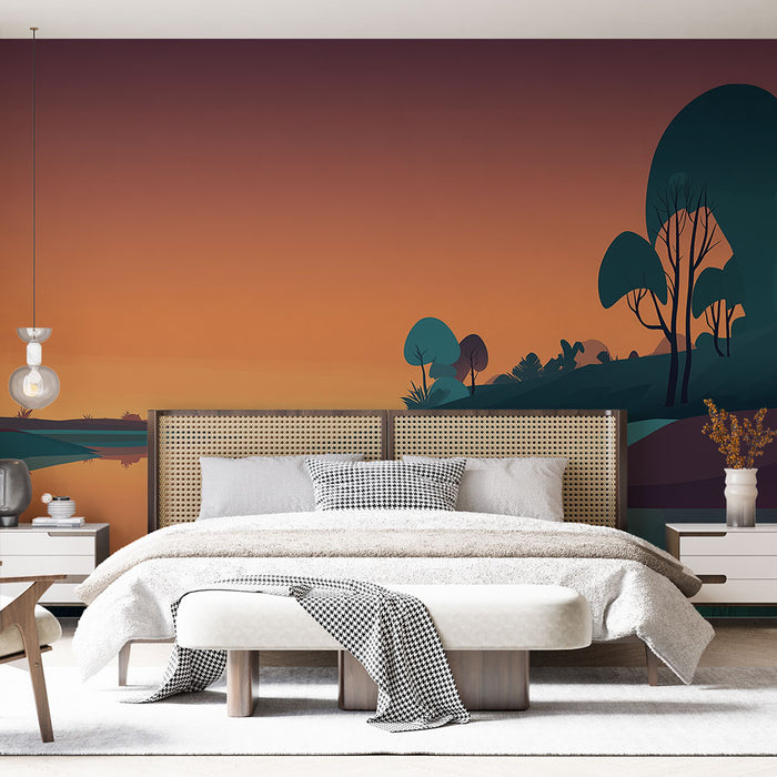 Une chambre moderne avec un papier peint représentant un paysage stylisé aux dégradés orange et violet, évoquant une ambiance sereine et poétique.