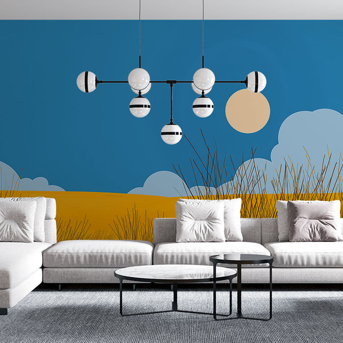 Un salon moderne avec un papier peint illustratif bleu vif représentant un paysage stylisé avec des nuages et un soleil, créant une ambiance joyeuse et lumineuse.