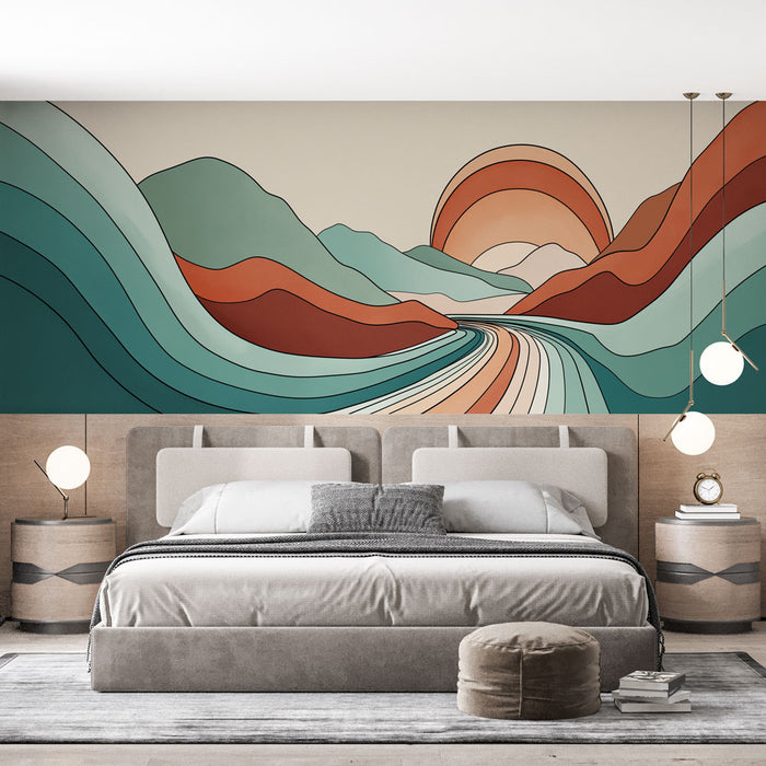 Une chambre moderne avec un papier peint abstrait aux ondulations colorées dans des teintes turquoise, terracota et beige, créant une atmosphère apaisante et artistique.