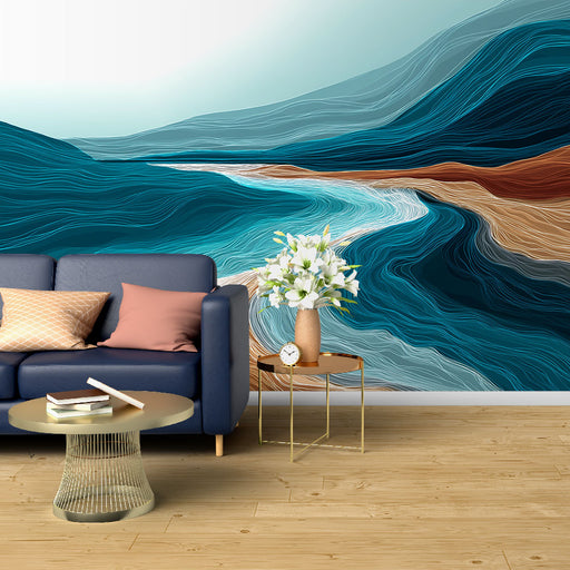 Un salon moderne avec un papier peint abstrait représentant des vagues stylisées dans des teintes de bleu et de brun, créant une ambiance apaisante et artistique.
