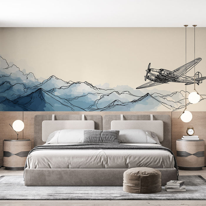 Une chambre moderne avec un papier peint représentant des montagnes stylisées en dégradés de bleu, évoquant une atmosphère apaisante et aérienne.