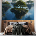 Papier peint paysage aérien avec îles flottantes luxuriantes sur lac calme pour chambre moderne