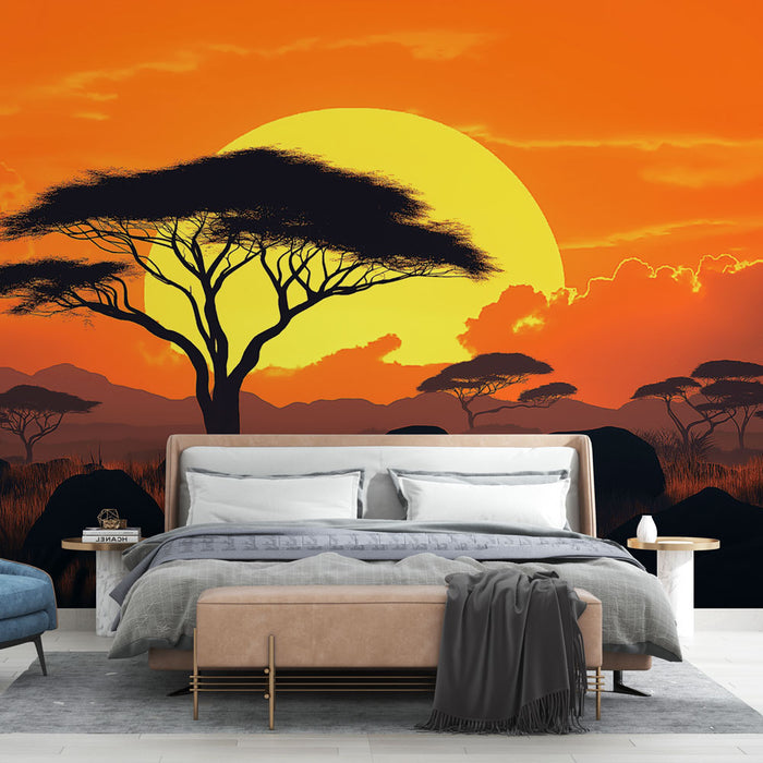 Papier peint paysage africain | Coucher de soleil dans la savane