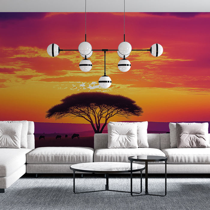 Papier peint paysage africain | Coucher de soleil vibrant avec silhouettes d'animaux