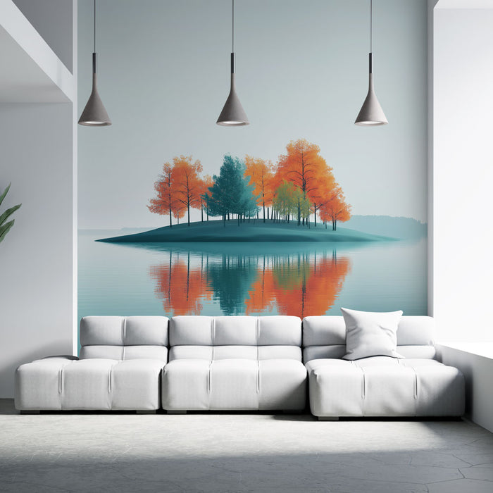 Un salon moderne avec un papier peint représentant un paysage automnal paisible, où des arbres aux teintes orange et vert se reflètent dans un lac serein.
