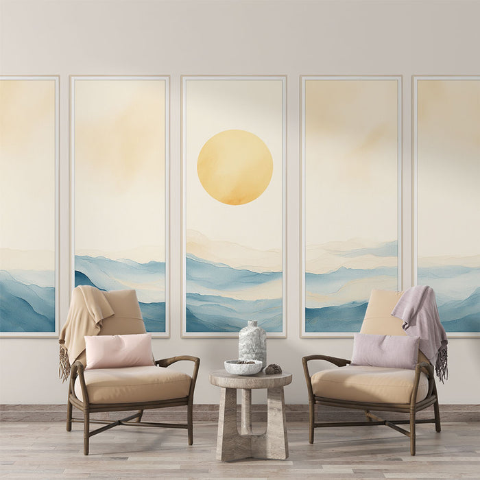Papier peint paysage aquarelle | Montagnes en dégradé de bleu avec soleil doré