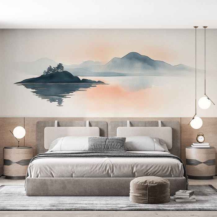 Papier peint paysage aquarelle | Paysage serein avec montagnes et îlot