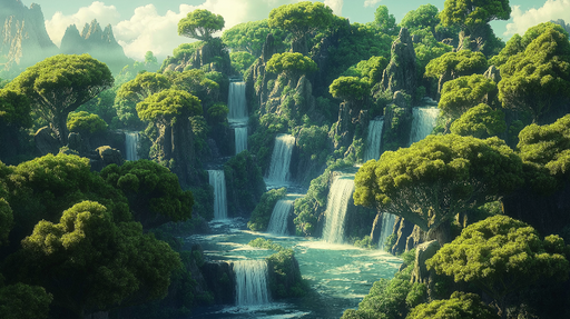 Papier peint paysage aquatique Chutes d'eau et vegetation luxuriante