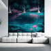 Un salon moderne avec un papier peint tropical représentant un lac turquoise illuminé par des fleurs roses, créant une atmosphère apaisante et exotique.