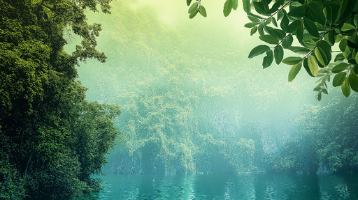 Papier peint paysage aquatique Forêt luxuriante et lac calme en brume