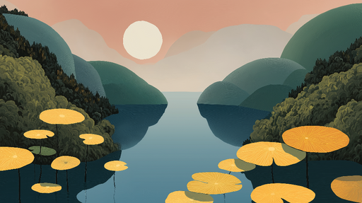 Papier peint paysage aquatique Montagnes douces avec nénuphars jaunes sur un lac