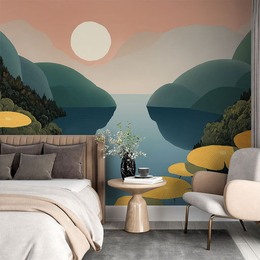 Une chambre élégante avec un papier peint représentant un paysage apaisant, mêlant montagnes et lac sous un ciel pastel, créant une atmosphère sereine et naturelle.