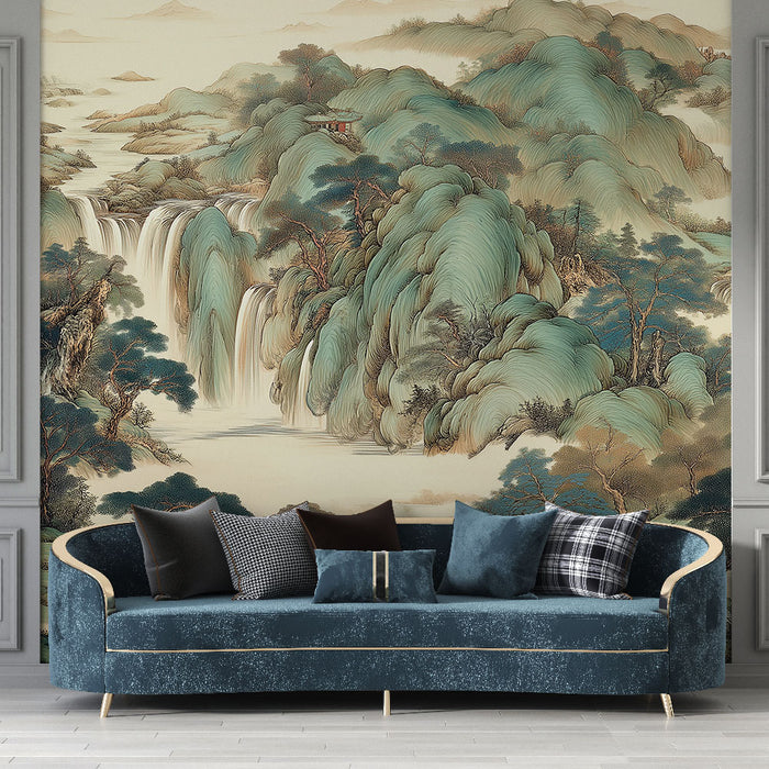 Un salon élégant avec un papier peint représentant un paysage montagneux apaisant aux teintes vertes et beiges, évoquant une atmosphère zen et naturelle.