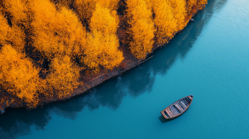 Papier peint paysage aquatique Paysage automnal avec un bateau sur un lac turquoise