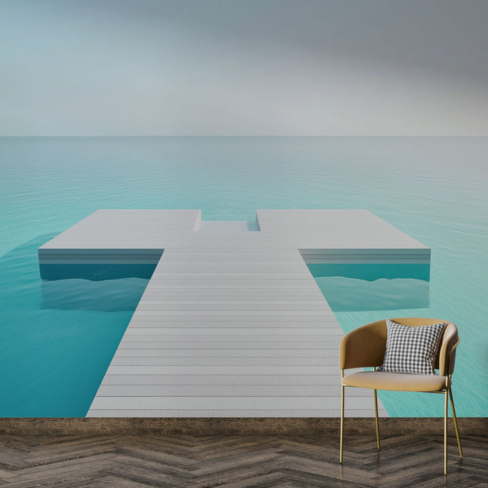 Une pièce moderne avec un papier peint représentant un quai minimaliste sur une mer turquoise, évoquant une ambiance sereine et apaisante.
