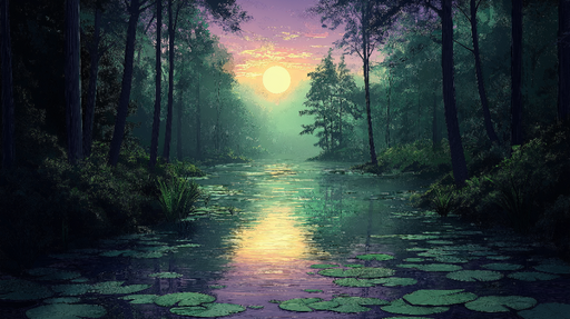Papier peint paysage aquatique Reflet d'un coucher de soleil sur un étang paisible au milieu des arbres