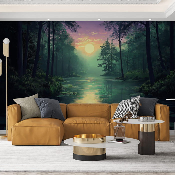 Un salon contemporain avec un papier peint représentant un paysage forestier au crépuscule, évoquant une atmosphère paisible et naturelle.