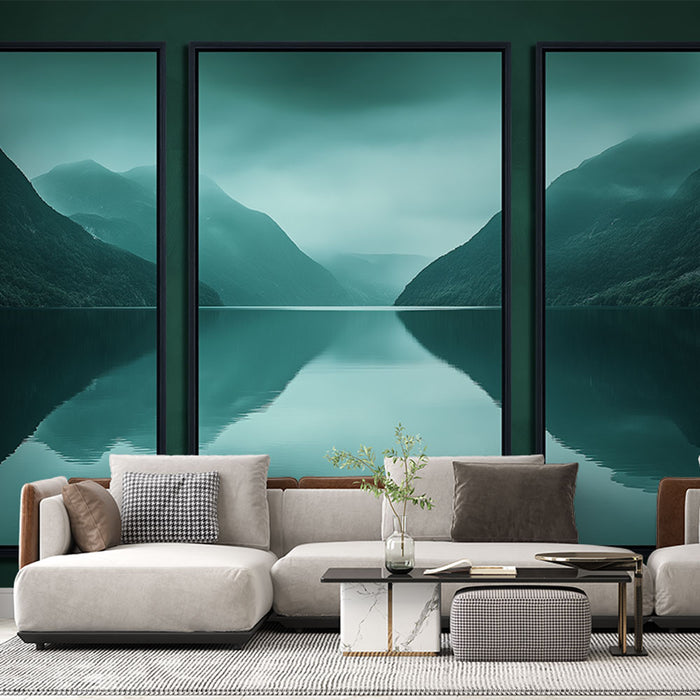 Un salon moderne avec un papier peint représentant un paysage aquatique éthéré dans des teintes turquoise, créant une atmosphère apaisante et contemplative.