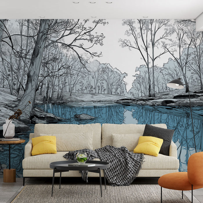 Un salon moderne avec un papier peint représentant un paysage aquatique en noir et blanc, agrémenté de touches de bleu, créant une ambiance sereine et apaisante.
