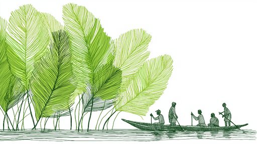 Papier peint paysage aquatique Scène bucolique avec feuilles vertes et barque traditionnel