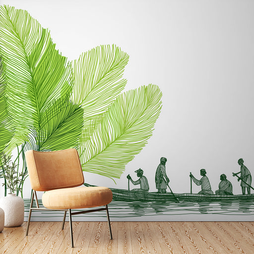 Une pièce moderne avec un papier peint représentant de grandes feuilles vertes stylisées et des silhouettes de personnes en bateau, évoquant une ambiance naturelle et sereine.