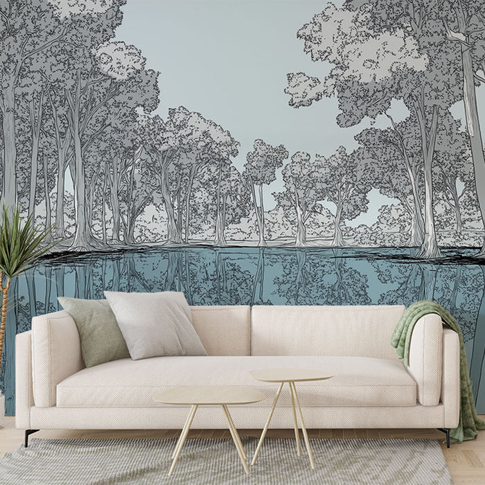 Un salon moderne avec un papier peint représentant des arbres en aquarelle grise et bleue, créant une ambiance apaisante et naturelle.