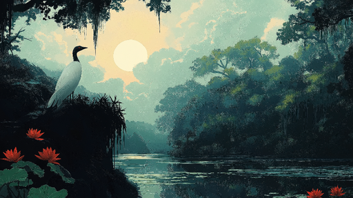 Papier peint paysage aquatique Un héron majestueux au bord d'un lac sous la lune