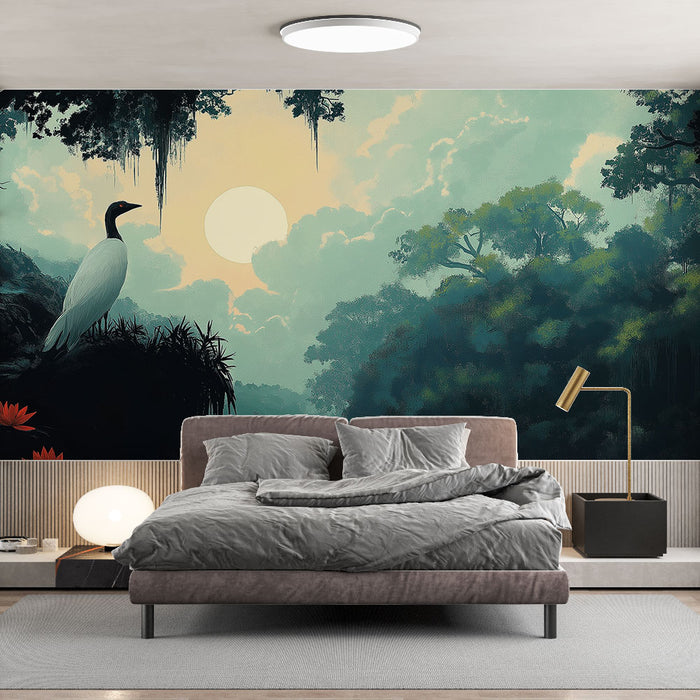 Une chambre élégante avec un papier peint représentant un paysage onirique, où un oiseau majestueux se tient devant un soleil levant, créant une atmosphère sereine et apaisante.