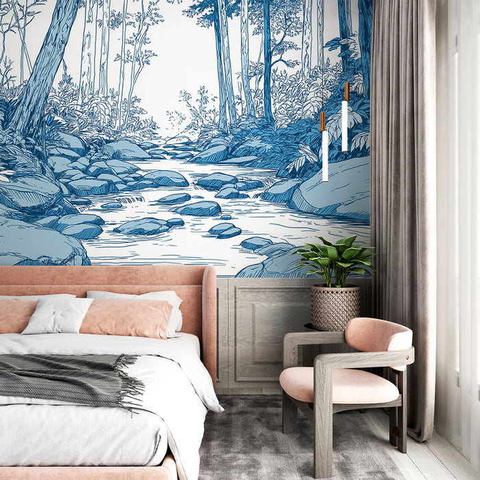 Une chambre apaisante avec un papier peint représentant un paysage aquatique en bleu, évoquant la sérénité d'une nature sauvage.