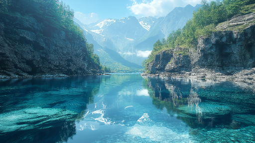 Papier peint paysage aquatique Vue apaisante d'un lac entouré de montagnes verdoyantes