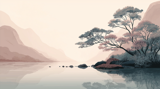 Papier peint paysage aquatique Vue calme sur un lac avec des montagnes et des arbres délicats