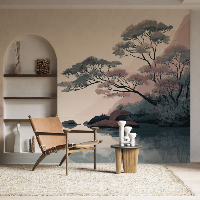 Une pièce moderne avec un papier peint représentant un paysage apaisant de montagnes et d'arbres aux teintes douces, créant une atmosphère zen et sereine.