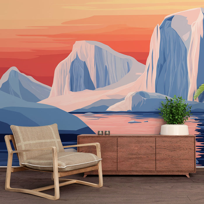Papier peint paysage arctique avec montagnes et glaces sous un ciel crépusculaire pour salon moderne