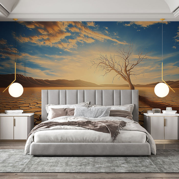 Une chambre moderne avec un papier peint représentant un paysage désertique au coucher de soleil, évoquant une atmosphère à la fois sereine et contemplative.
